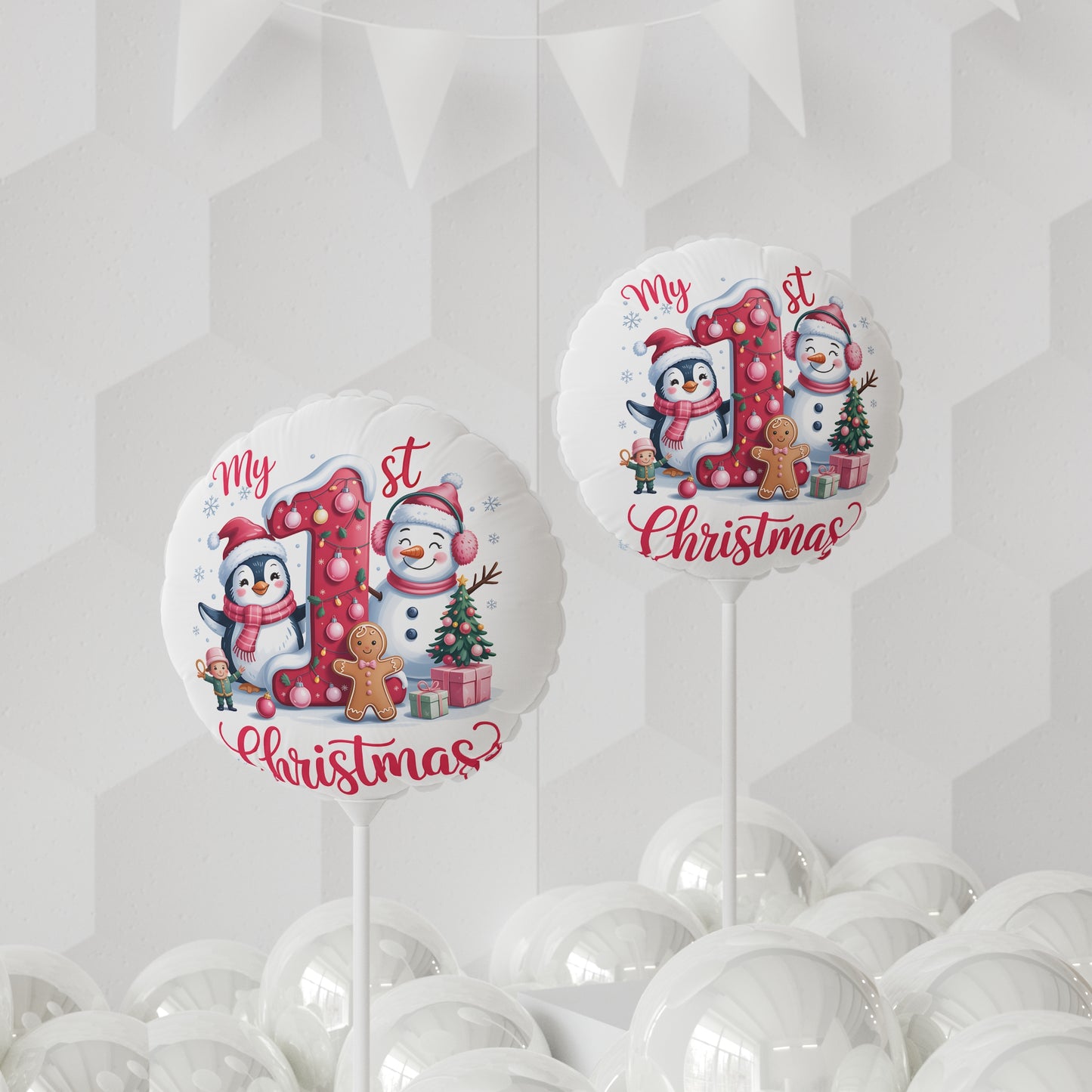 1st Christmas Balloon — Holiday Penguin & Snowman 11" Round/Heart Foil