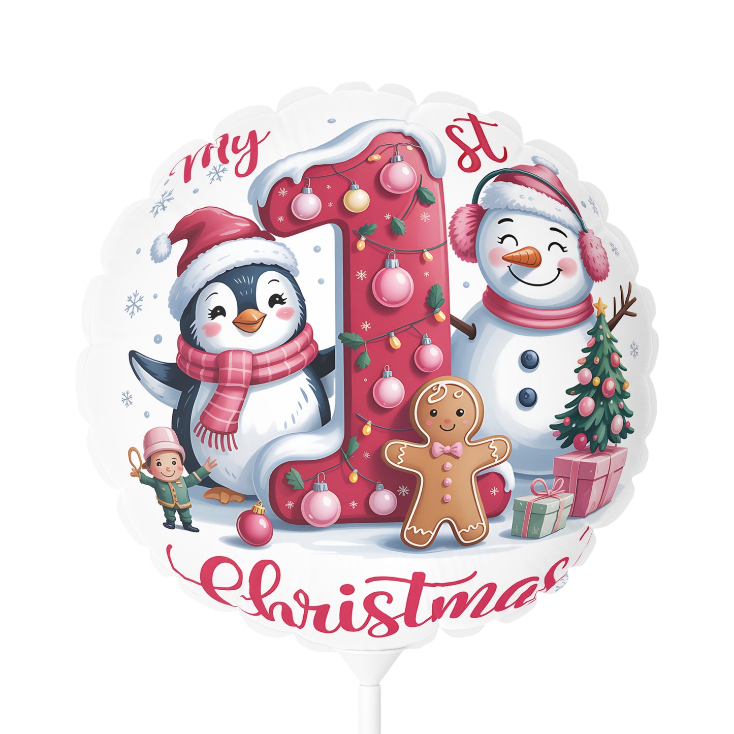 1st Christmas Balloon — Holiday Penguin & Snowman 11" Round/Heart Foil