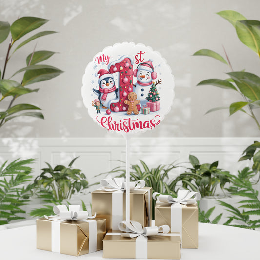 1st Christmas Balloon — Holiday Penguin & Snowman 11" Round/Heart Foil