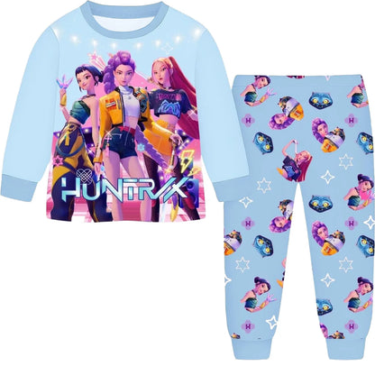 Anime Kpop Demon Hunters Zoey Costume Autumn Pajamas for Children's Clothing 3-14Years Kids Huntrix Rumi Girls Tshirt Pants Sets
